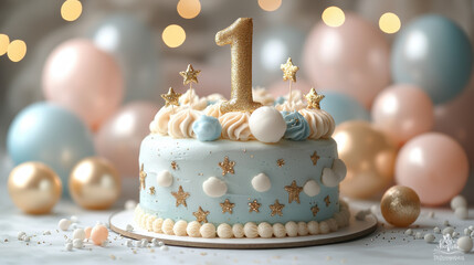 First Birthday Cake with Stars and Balloons: A delicate blue and gold frosted cake with a golden "1" candle, surrounded by pastel balloons and sparkling lights.
