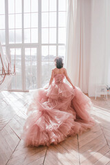 young girl with short black hair in pink princess dress with train is standing from the back and...