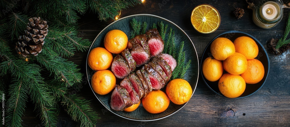 Poster tangerines and cooked meat arranged on a wooden table with spruce branches creating a festive holida