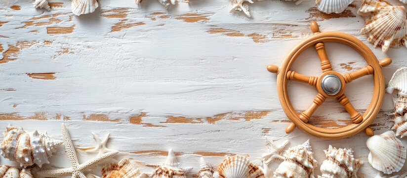 Gift card mockup with a wooden steering wheel and seashells on a weathered beach background ideal for summer promotions and coastal themes