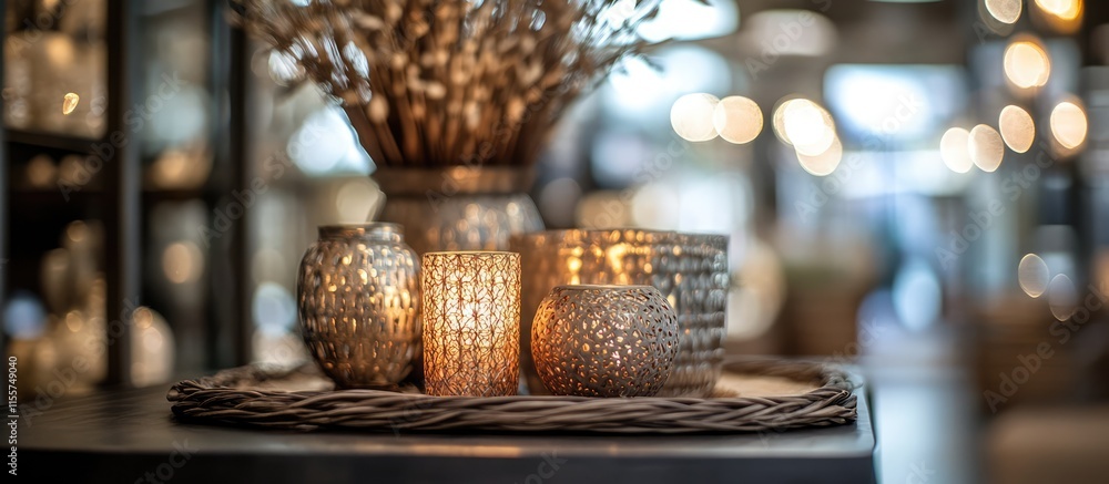 Poster cozy tabletop arrangement featuring decorative candles and vases creating an inviting atmosphere wit