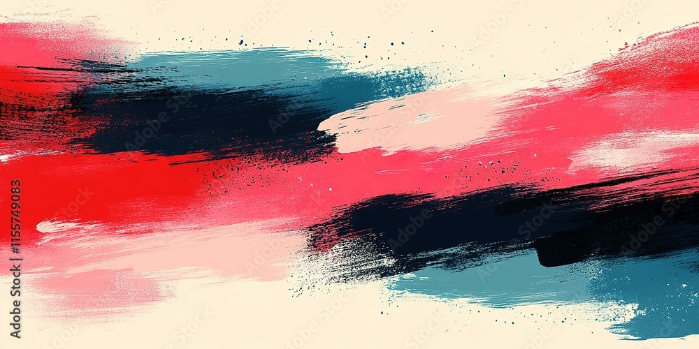 Poster abstract art composition featuring dynamic brush strokes in vibrant colors and textures across a neu