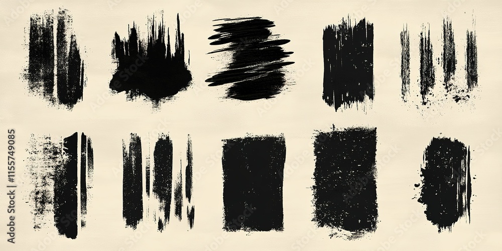 Poster black paint strokes and textures displayed on a light background for creative design and artistic us