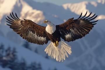Fototapeta premium Majestic bald eagle in flight against a stunning snow-capped mountain backdrop. The eagle's wings are fully extended, showcasing its incredible power and beauty.