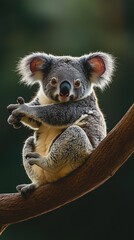 Fototapeta premium Cute koala sitting on a tree branch, arms crossed, with soft light and a dark green background