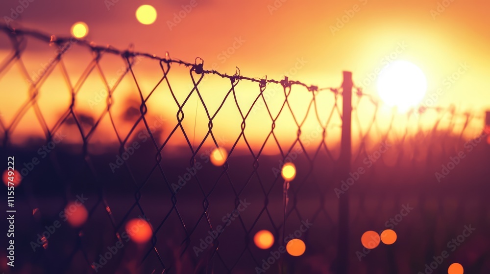 Poster sunset with bokeh lights behind chain link fence creating a warm glowing atmosphere with vibrant gra
