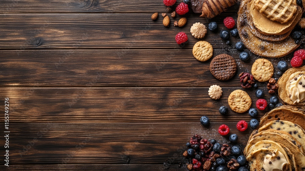 Poster assorted cookies crepes berries and croissants on a wooden table top view of a delightful dessert sp