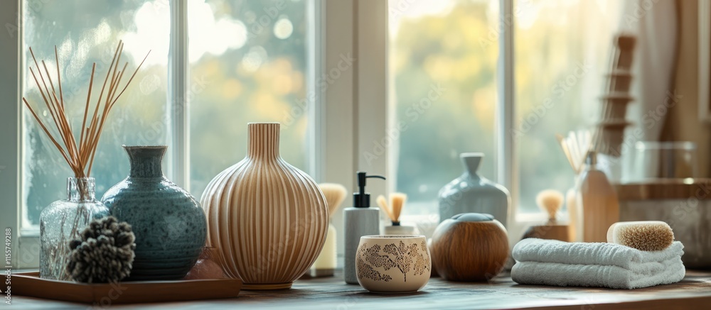 Poster trendy bath accessories beautifully displayed on a table by a window creating a serene and inviting 