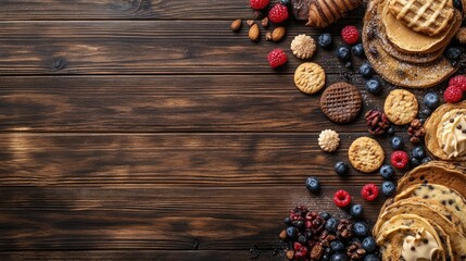 Naklejka premium Assorted cookies crepes berries and croissants on a wooden table Top view of a delightful dessert spread with copy space for text