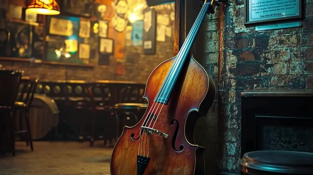 Enjoy a glimpse of a charming jazz bar featuring a double bass. The ambient warm tones and rustic decor invite musicians and music fans alike. Generative AI.