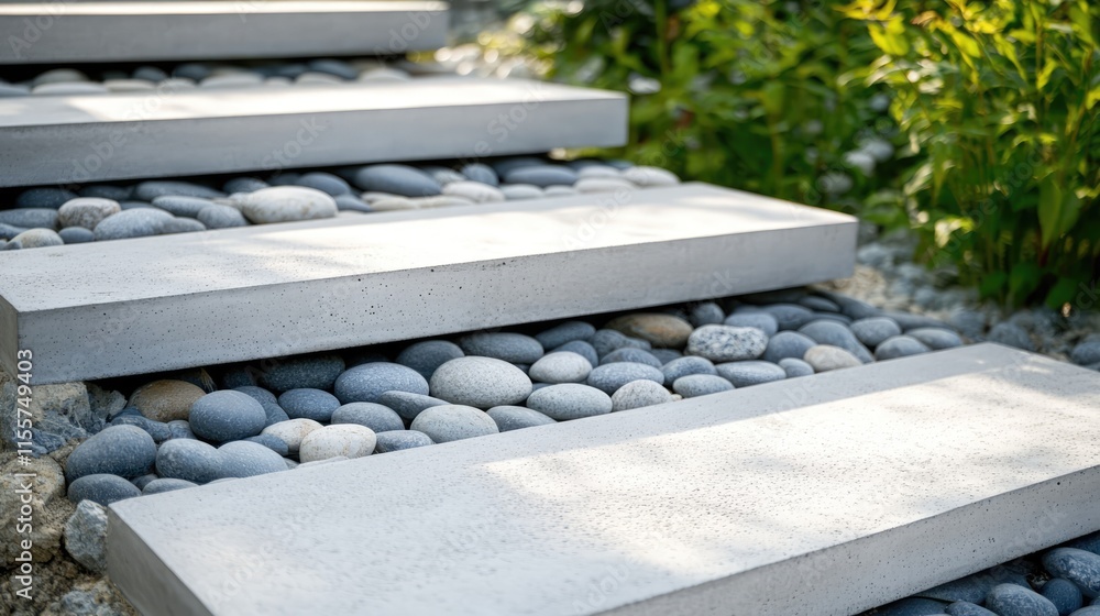 Poster steps in a park lined with concrete slabs and pebbles creating a serene pathway in a natural green l