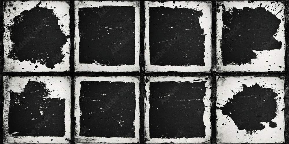 Poster textured black panels with irregular paint patterns create an abstract composition displaying artist