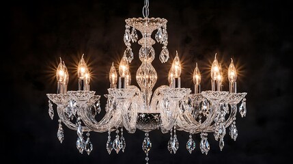 Luxurious crystal chandelier illuminated in a classic, elegant interior setting.