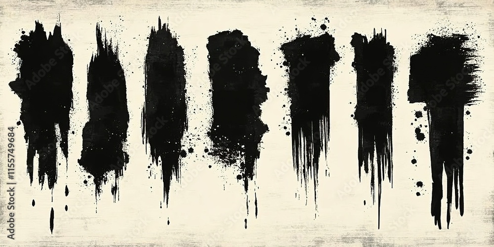 Poster black paint splatters create abstract patterns on a textured background featuring varying textures a