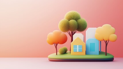 Fototapeta premium net zero and carbon concept. Colorful 3D houses and trees on a soft pink background, creating a whimsical landscape scene.