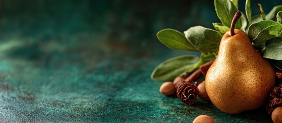 Thanksgiving promotional banner with a gold pear surrounded by foliage and nuts ideal for social media cover image display