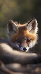 Close-up of a red fox lying in soft light, gazing intently with sharp blue eyes