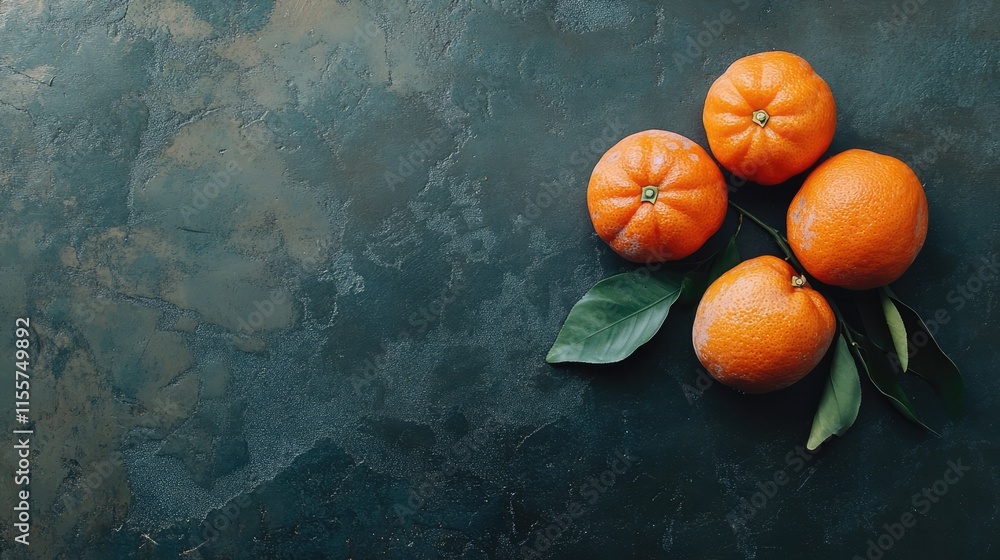 Poster fresh tangerines with leaves on a dark rustic background healthy snack food arrangement top view wit