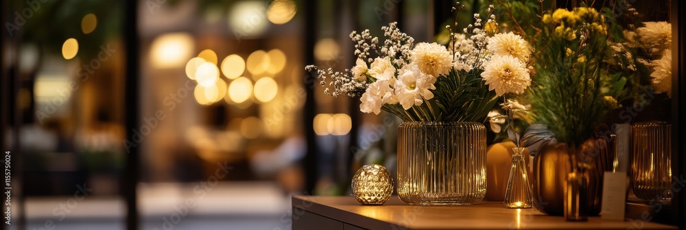 Aufkleber stylish storefront display featuring elegant flower arrangements in glass vases with warm ambient li
