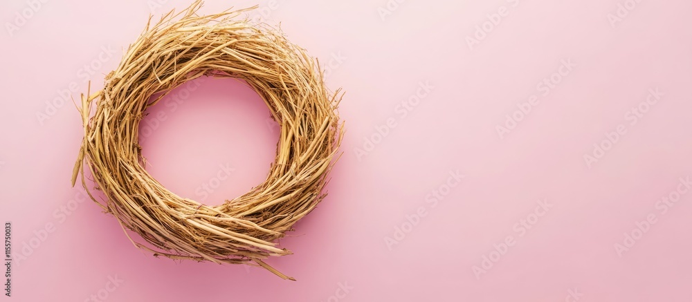 Poster simple straw wreath for christmas design displayed on a soft pink background creating a warm festive