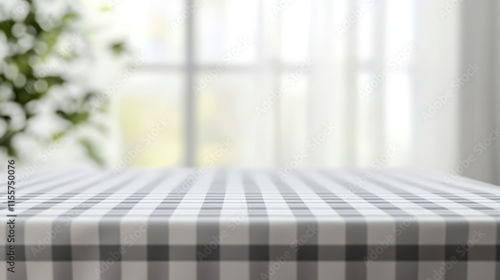 Poster grey and white checkered tablecloth elegantly displayed on a table with soft natural light filtering