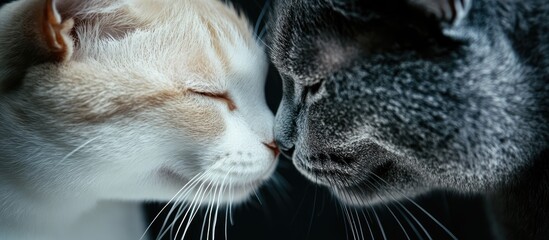 Intimate moment between a gray cat and a white cat symbolizing relational dynamics and emotional connection in a peaceful setting