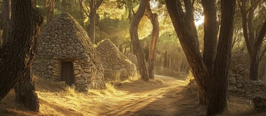 Ancient stone cottages nestled in a lush eucalyptus forest illuminated by golden sunlight creating a serene and timeless atmosphere
