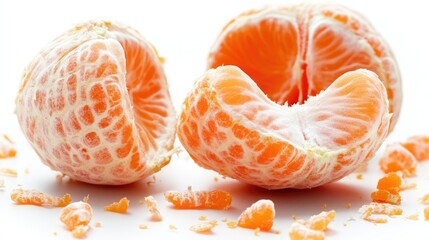 Fresh tangerine segments with vibrant orange flesh isolated on clean white background showcasing...