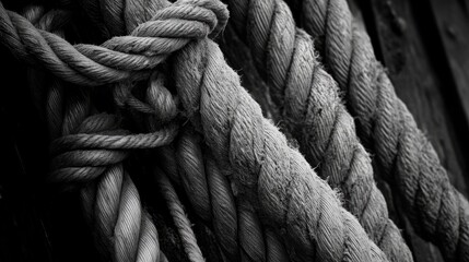 Detailed close-up of aged nautical ropes and rigging showcasing intricate textures and woven patterns in monochrome tones on a tall ship.