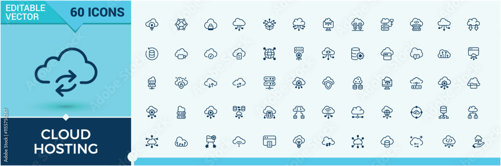 Poster cloud hosting minimal icon set. containing networking, net, on, protection, cloud and more. thin out