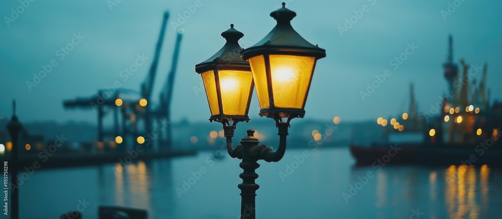 Aufkleber vintage street lamp illuminated at dusk with a serene port and cranes in the background creating a t