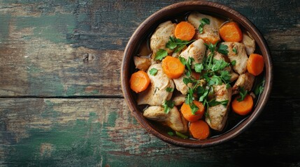 Delicious chicken tajine with carrots served in a rustic bowl on a wooden table with fresh herbs and ample copy space for text.