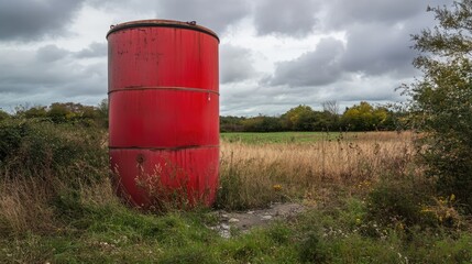 Obraz premium Red fuel tank at sewage pumping station surrounded by countryside field and overcast sky in rural area