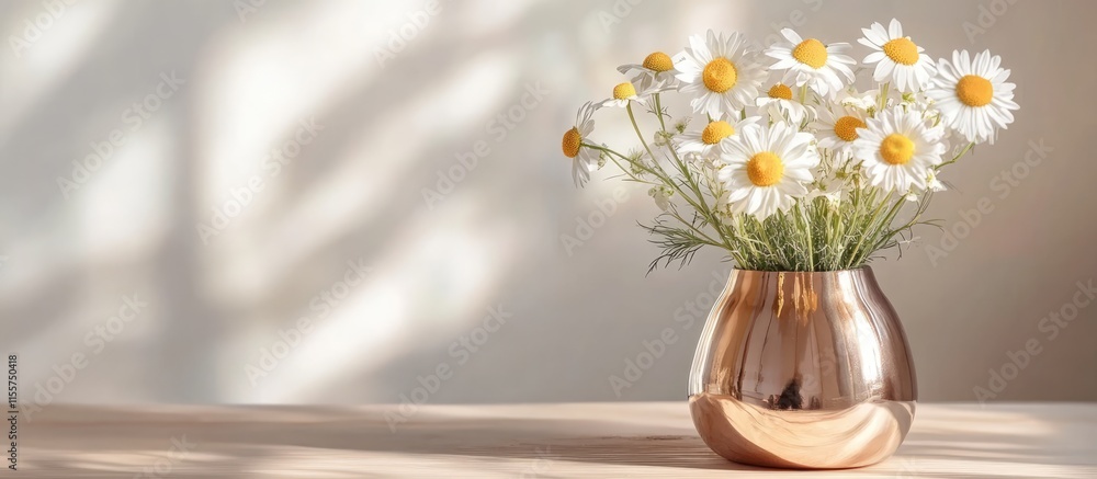 Poster bright chamomile bouquet in a sleek metallic vase on a light wooden table with soft background light