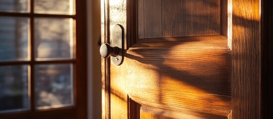 Sunlit wooden door with sleek handle casting warm shadows creating an inviting atmosphere in a cozy interior space