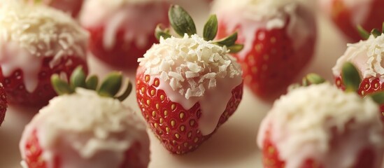 White chocolate and coconut coated strawberries close up delightful dessert treats perfect for gifting and special occasions