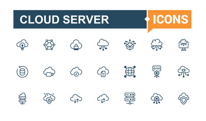 Cloud Server icon. It contains symbols to networking, database, connect, upload, safe, face, file, data. Simple line vector. Solid line editable vector illustration.
