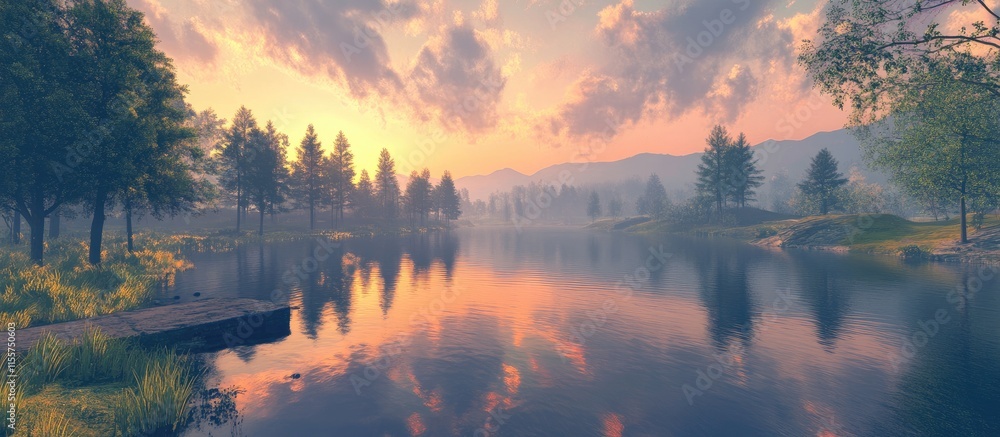 Poster tranquil sunset reflection over serene lake surrounded by lush trees and soft clouds creating a peac