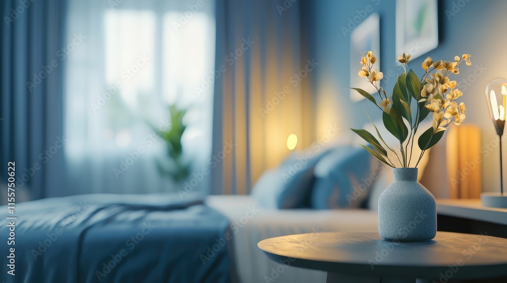 Poster cozy bedroom setting with tabletop and blurred background for product display or design visual layou