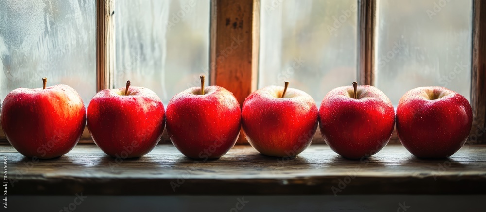 Poster vibrant red apples lined on a rustic windowsill illuminated by natural light creating a serene and t