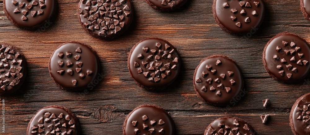 Poster chocolate gingerbread cookies arranged on a rustic wooden surface showcasing various toppings and te