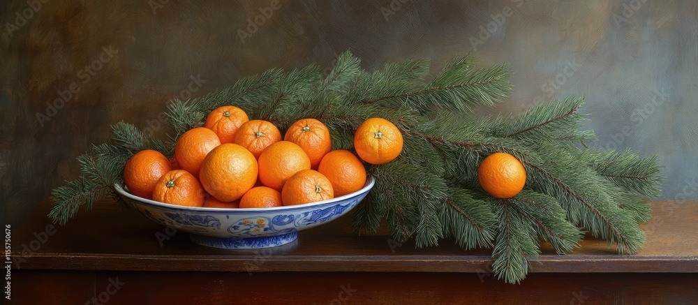 Poster Tangerines in a decorative bowl with spruce branches on a rustic wooden table creating a warm and inviting still life composition