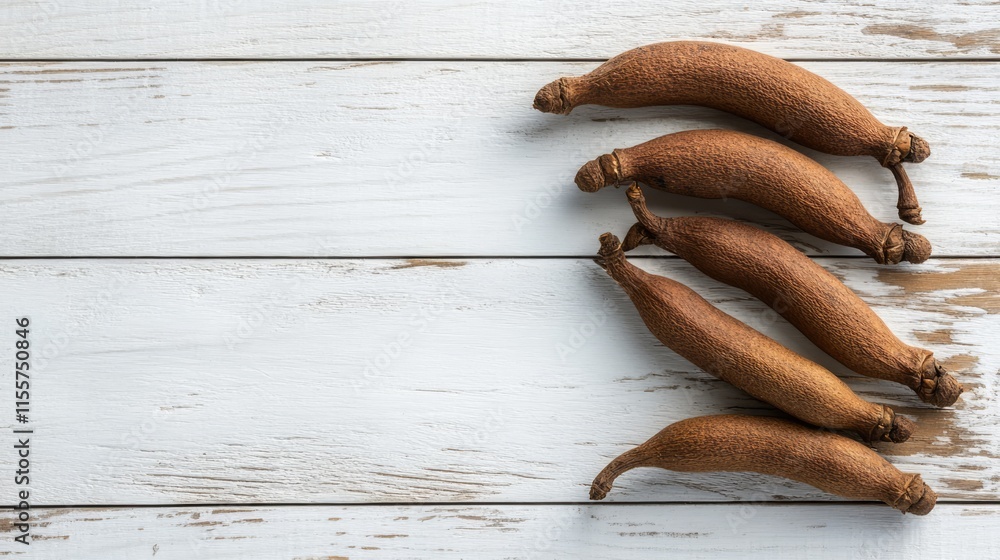 Poster tamarind pods arranged elegantly on a rustic white wooden background showcasing their unique shape a