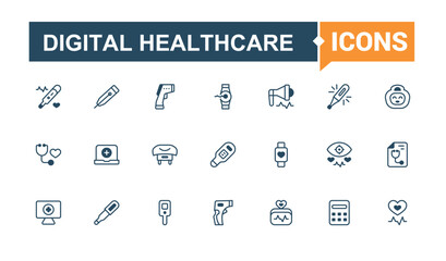 Digital Healthcare linear icon collection. Contains related to app, medicine, medical, computer, future, web, vector, electronic. Collection for mobile and web apps. Outline and solid pictogram.
