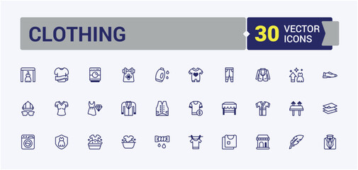 Clothing icon set. Includes thin line dress, skirt, fashion, pullover, tshirt, suit, shirt and more. Minimalistic icon. Solid line editable stroke.