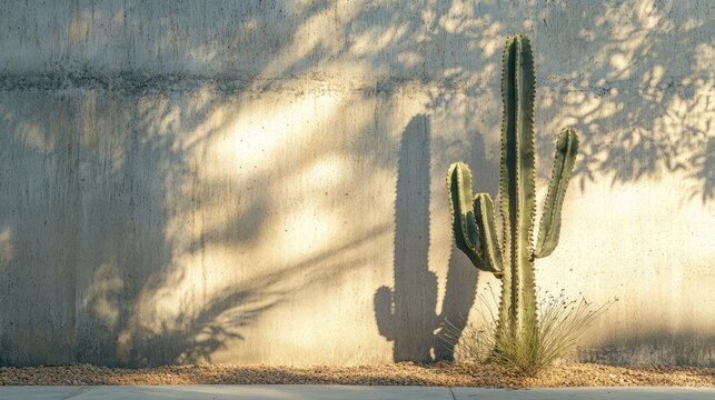 Ornamental cactus casting a shadow on a textured concrete wall in warm afternoon sunlight showcasing natural beauty and serene ambiance. - Powered by Adobe