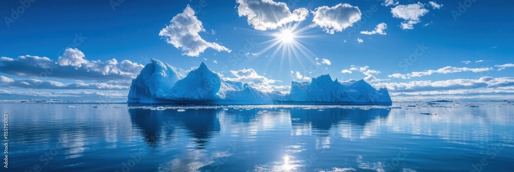 Aufkleber melting iceberg surrounded by calm blue ocean under a bright sun in a clear sky. generative ai