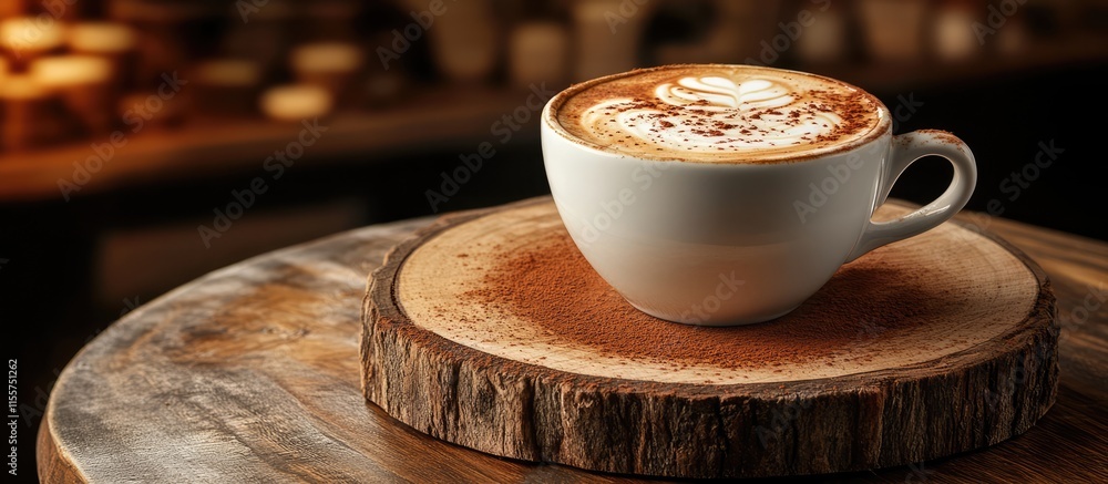 Poster elegant cappuccino in a rustic setting on a wooden plate creating a warm and inviting cafã© atmosphe