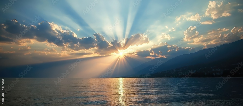 Poster sunset rays illuminating beach landscape with clouds reflecting on serene water creating a tranquil 