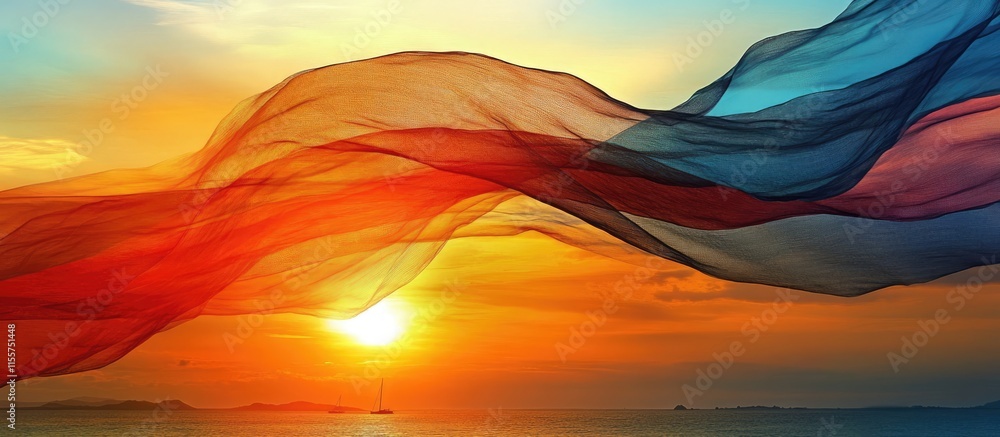 Poster sunset colors illuminating a translucent flag waving gently over the ocean horizon creating a serene